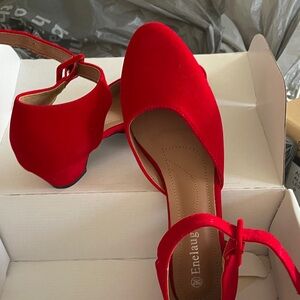 Women's Velvet Red, chunky heels with ankle strap.